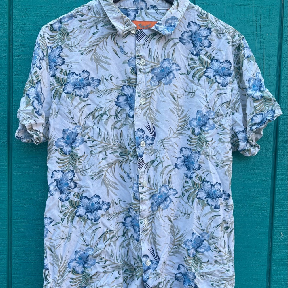 Newport Isle Hawaiian‎ Shirt Button Up Floral In Blue Short Sleeve Size Large